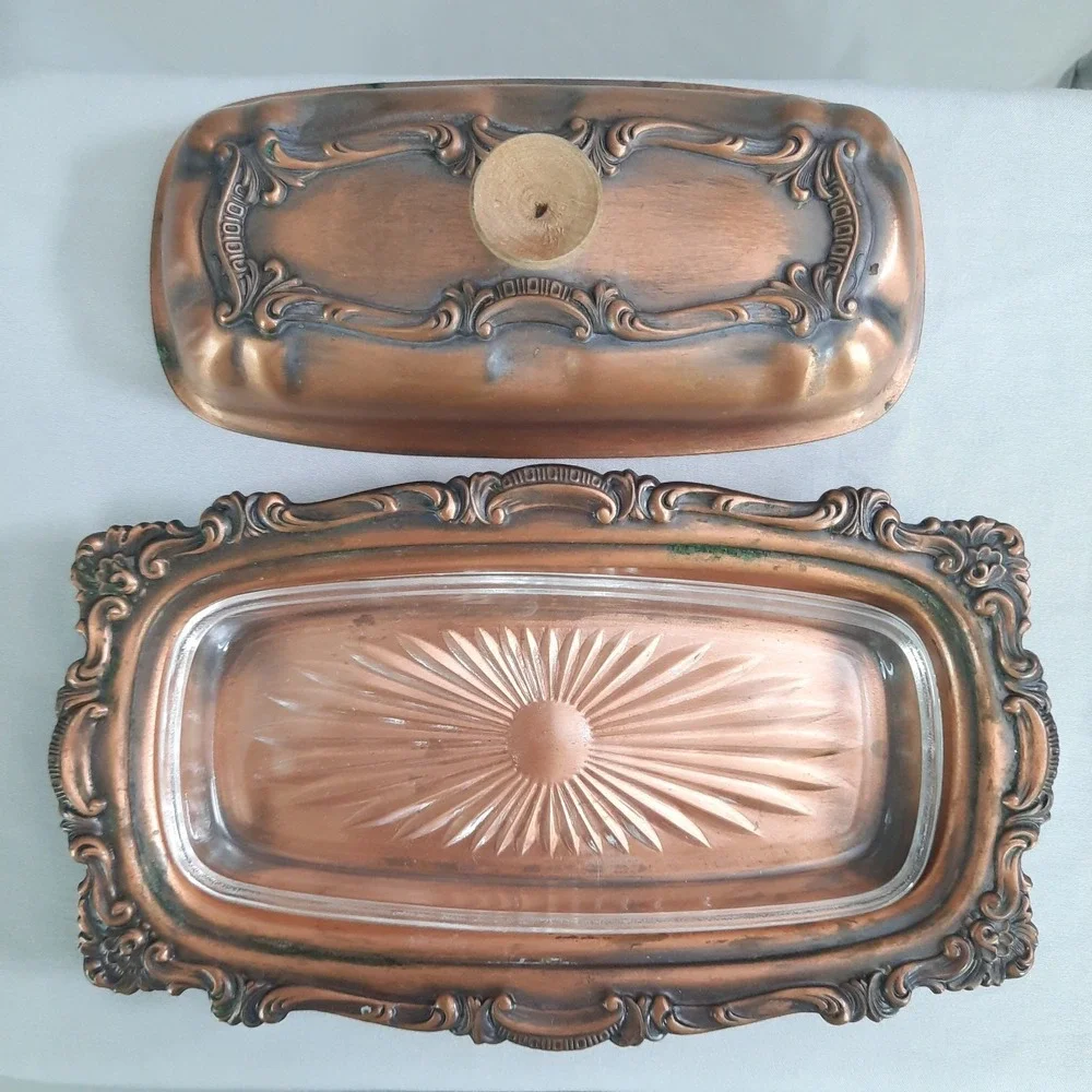 Vintage Copper Covered Butter Dish with Glass Insert Lid Ornate Cottagecore